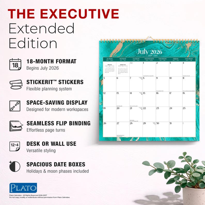 May include: The Executive Extended Edition 18-month calendar. Features include Stickerit stickers, space-saving display, seamless flip binding, desk or wall use, and spacious date boxes. The calendar begins in July 2026. The calendar has a teal and gold marble design.