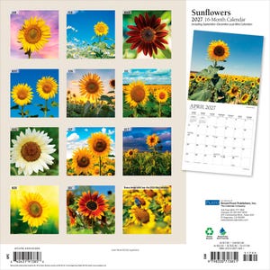 May include: A 2027 16-month wall calendar titled Sunflowers, featuring twelve monthly grid pages with sunflower photography. The back cover displays a preview of the April 2027 page, showing a large sunflower in a field under a blue sky.