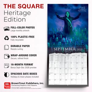 K&ouml;nnte beinhalten: Ein Wandkalender mit dem Titel The Square Heritage Edition, der eine Seite f&uuml;r September 2027 mit einem vollfarbigen Foto von Ozzy Osbourne auf der B&uuml;hne &uuml;ber einem Datumsraster zeigt. Der Text enth&auml;lt Produktmerkmale wie vollfarbige Fotos, 100% plastikfrei, langlebiges Papier, Umschlag, 16-Monats-Format und ger&auml;umige Datumsfelder.