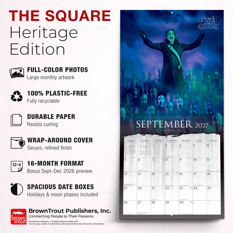 K&ouml;nnte beinhalten: Ein Wandkalender mit dem Titel The Square Heritage Edition, der eine Seite f&uuml;r September 2027 mit einem vollfarbigen Foto von Ozzy Osbourne auf der B&uuml;hne &uuml;ber einem Datumsraster zeigt. Der Text enth&auml;lt Produktmerkmale wie vollfarbige Fotos, 100% plastikfrei, langlebiges Papier, Umschlag, 16-Monats-Format und ger&auml;umige Datumsfelder.