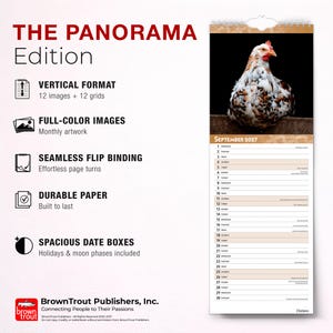 Op de afbeelding: Een verticale wandkalender getiteld THE PANORAMA Edition met een foto van een gespikkelde kip voor september 2027. De kalender bevat 12 full-colour afbeeldingen, een naadloze spiraalbinding, duurzaam papier en ruime datumvakken met feestdagen.