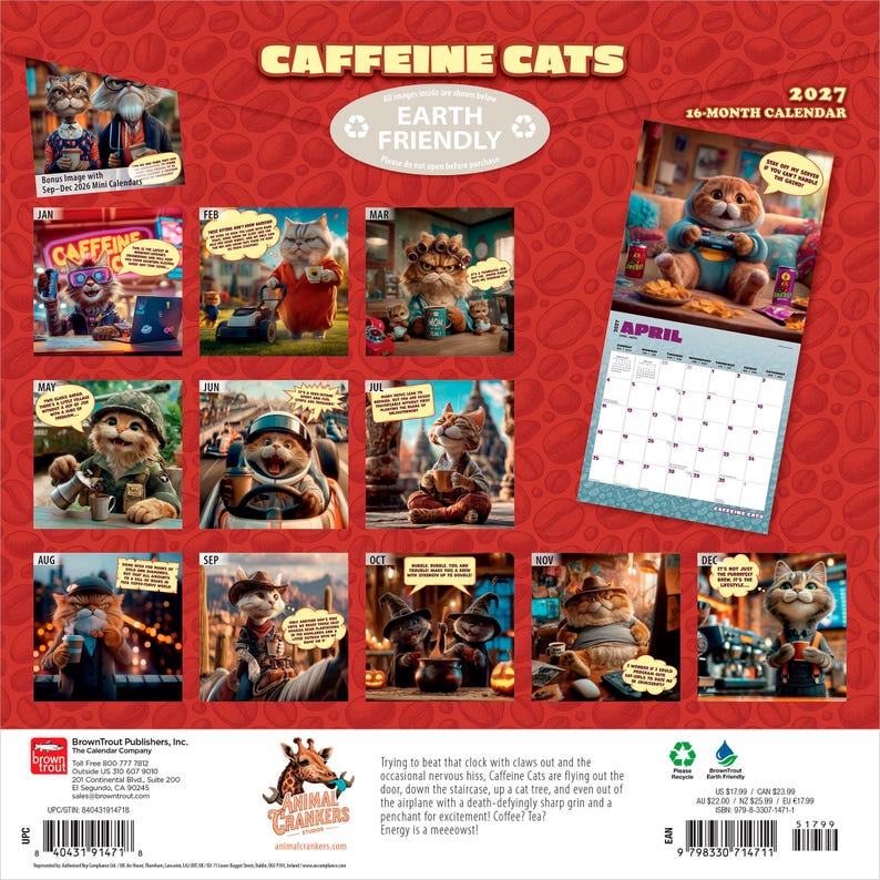 May include: A 2027 16-month wall calendar titled Caffeine Cats featuring twelve monthly illustrations of anthropomorphic cats with coffee-themed speech bubbles. The red background is patterned with coffee beans and includes a barcode and text.