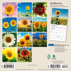 Puede incluir: Un calendario de pared de 16 meses para 2027 titulado Sunflowers, que incluye doce p&aacute;ginas mensuales con fotograf&iacute;as de girasoles. La contraportada muestra una vista previa de la p&aacute;gina de abril de 2027, informaci&oacute;n editorial y un c&oacute;digo de barras.
