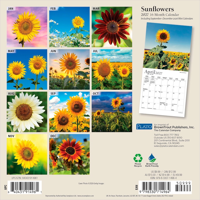 Puede incluir: Un calendario de pared de 16 meses para 2027 titulado Sunflowers, que incluye doce p&aacute;ginas mensuales con fotograf&iacute;as de girasoles. La contraportada muestra una vista previa de la p&aacute;gina de abril de 2027, informaci&oacute;n editorial y un c&oacute;digo de barras.