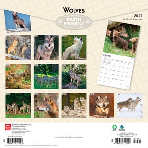 May include: A 2027 16-month wall calendar titled Wolves featuring various photographs of wolves in natural settings. The back cover displays a grid of monthly images, a sample April calendar page, and Earth Friendly branding with a barcode.