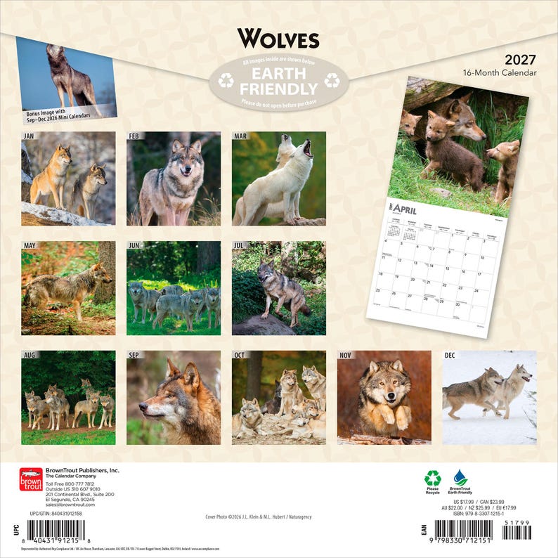 May include: A 2027 16-month wall calendar titled Wolves featuring various photographs of wolves in natural settings. The back cover displays a grid of monthly images, a sample April calendar page, and Earth Friendly branding with a barcode.