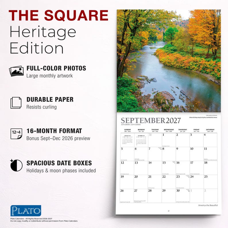 Peut inclure: Un calendrier mural de 16 mois intitul&eacute; THE SQUARE Heritage Edition avec des photos en couleur, du papier durable et des cases de date spacieuses. La page de septembre 2027 montre un paysage fluvial avec un feuillage d'automne.