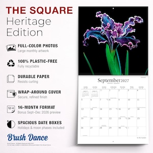 May include: A 16-month wall calendar titled THE SQUARE Heritage Edition featuring a purple and blue iris flower photograph for September 2027. The calendar includes full-color photos, durable paper, a wrap-around cover, and spacious date boxes.