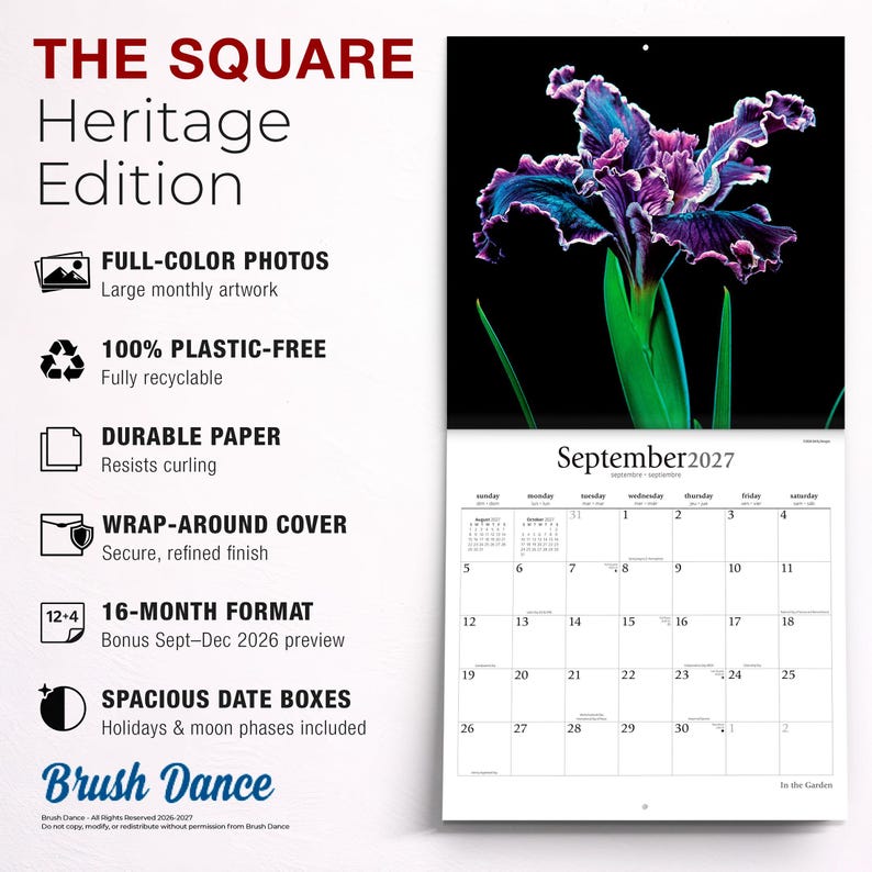 May include: A 16-month wall calendar titled THE SQUARE Heritage Edition featuring a purple and blue iris flower photograph for September 2027. The calendar includes full-color photos, durable paper, a wrap-around cover, and spacious date boxes.