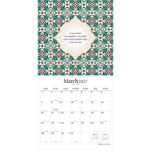 Op de afbeelding: Een wandkalender voor maart 2027 met een geometrisch patroon in taling, magenta en cr&egrave;me. Een centrale ruit bevat de tekst: In tears there are laughters concealed: seek treasure amidst ruins, O sincere one. Het rooster toont de data 1-31.