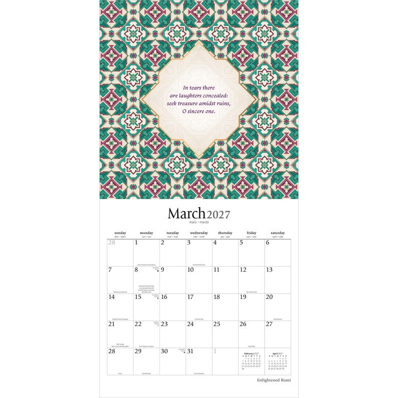 Op de afbeelding: Een wandkalender voor maart 2027 met een geometrisch patroon in taling, magenta en cr&egrave;me. Een centrale ruit bevat de tekst: In tears there are laughters concealed: seek treasure amidst ruins, O sincere one. Het rooster toont de data 1-31.