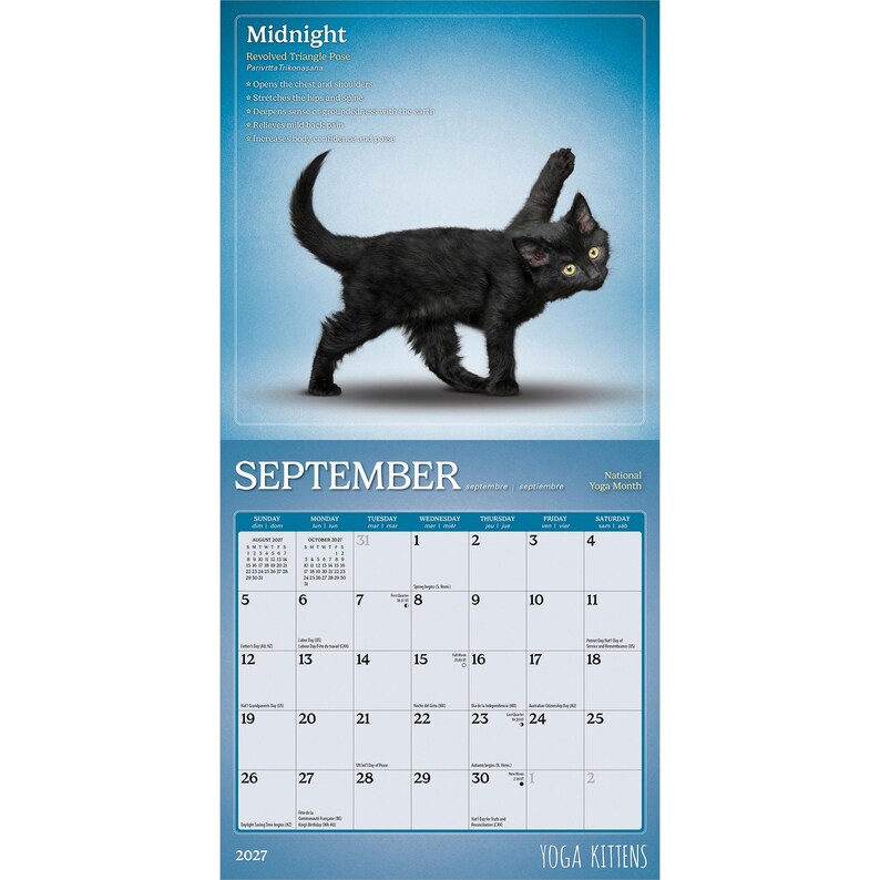 May include: A 2027 wall calendar featuring a black kitten in a yoga pose on the top page. The text reads Midnight, Revolved Triangle Pose, September, and Yoga Kittens. The bottom page displays a grid for the month of September with numbered dates.