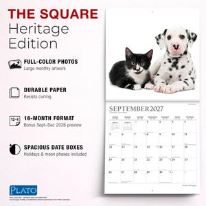 Peut inclure: Un calendrier mural de 16 mois intitul&eacute; The Square Heritage Edition pr&eacute;sentant un chaton noir et blanc et un chiot dalmatien sur la page de septembre 2027. Le calendrier comprend des photos en couleur, du papier durable et des cases de date spacieuses.