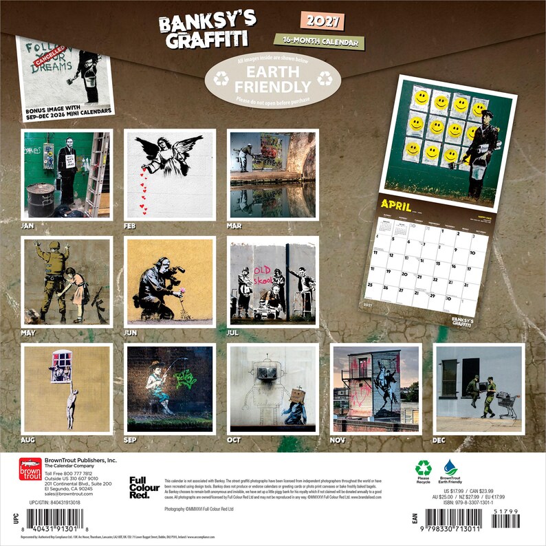 May include: A 2021 Banksy's Graffiti 16-month calendar. The calendar features various images of Banksy's street art, including images with text. The calendar is earth-friendly and includes a bonus image with September-December 2016 mini calendars.