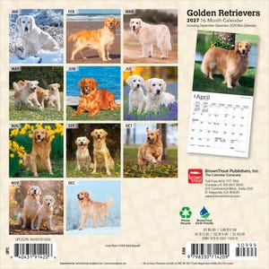 May include: A 2027 16-month wall calendar titled Golden Retrievers featuring twelve distinct photographs of golden retriever dogs in various outdoor settings, including snow, beaches, and fields, with a calendar grid for April displayed on the right.