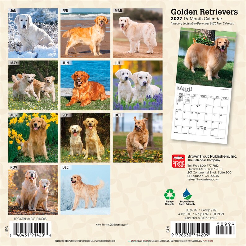 May include: A 2027 16-month wall calendar titled Golden Retrievers featuring twelve distinct photographs of golden retriever dogs in various outdoor settings, including snow, beaches, and fields, with a calendar grid for April displayed on the right.