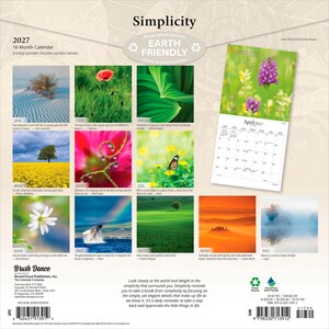 May include: A 2027 16-month wall calendar titled Simplicity, featuring nature photography for each month. The back cover displays twelve small square images representing the monthly themes, including landscapes, flowers, and wildlife, alongside a larger view of the April page.