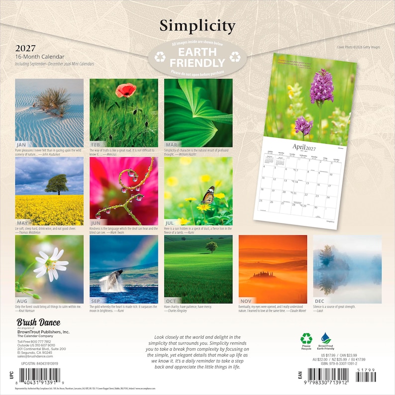 May include: A 2027 16-month wall calendar titled Simplicity, featuring nature photography for each month. The back cover displays twelve small square images representing the monthly themes, including landscapes, flowers, and wildlife, alongside a larger view of the April page.