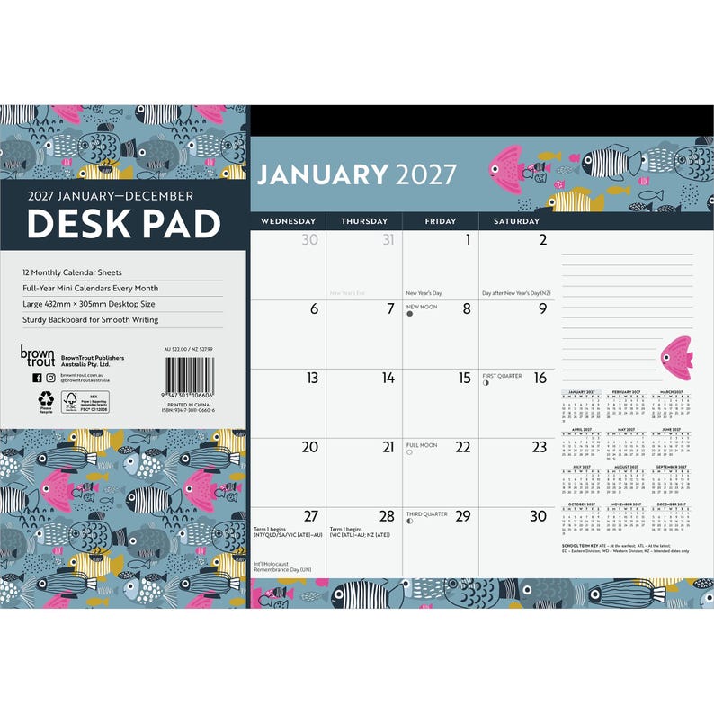 May include: A 2027 desk pad calendar featuring a blue background with a repeating pattern of stylized fish in pink, yellow, and black. The calendar displays January 2027 with a grid layout, a notes section, and mini calendars for the full year.