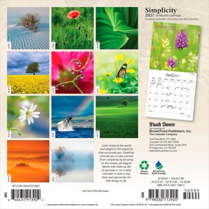 May include: A 2027 Simplicity 16-month wall calendar featuring twelve nature-themed photographs, including landscapes, flowers, a butterfly, and a whale. The back cover displays a grid of monthly images, a sample April 2027 calendar page, and text.