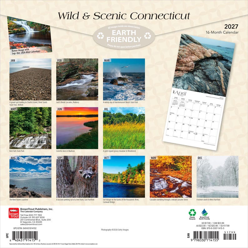 K&ouml;nnte beinhalten: Ein 16-monatiger Wandkalender f&uuml;r 2027 mit dem Titel Wild & Scenic Connecticut, der verschiedene Landschaftsfotografien des Bundesstaates zeigt. Die R&uuml;ckseite enth&auml;lt Miniaturansichten f&uuml;r jeden Monat, darunter Wasserf&auml;lle und W&auml;lder.