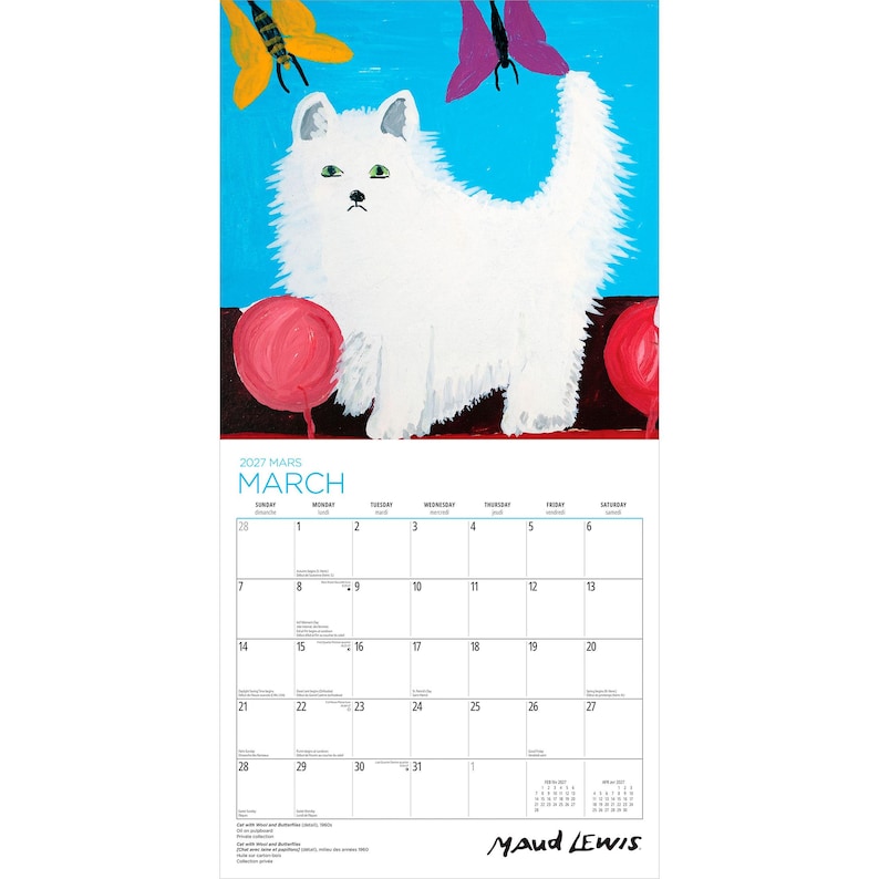 Puede incluir: Un calendario de pared para marzo de 2027 con una pintura de un gato blanco esponjoso de ojos verdes de pie entre dos objetos circulares rojos sobre un fondo azul brillante con una mariposa amarilla y una mariposa morada arriba.