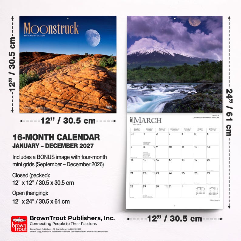 May include: A 16-month Moonstruck calendar for 2027, measuring 12 inches by 12 inches closed and 12 inches by 24 inches open. It features landscape photography, a March 2027 grid, and includes a bonus four-month mini grid for late 2026.