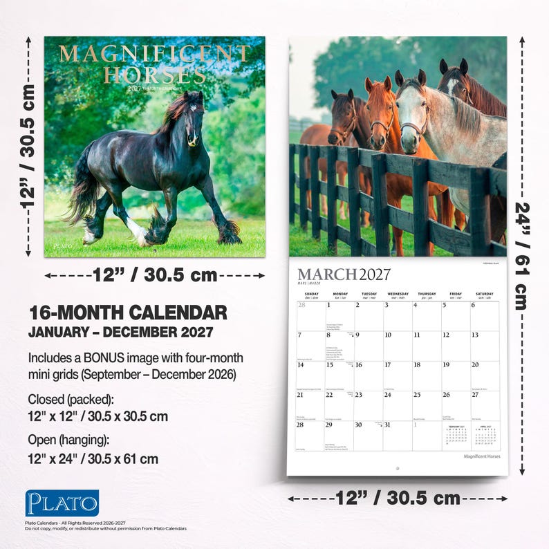 K&ouml;nnte beinhalten: Ein 16-Monats-Wandkalender mit dem Titel Magnificent Horses 2027, der ein schwarzes Pferd auf dem Cover und eine Gruppe von Pferden hinter einem Zaun f&uuml;r M&auml;rz 2027 zeigt. Er misst 30,5 cm x 30,5 cm geschlossen und 30,5 cm x 61 cm offen.