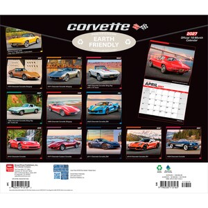 Peut inclure: Un calendrier mural Corvette 2027 de 16 mois pr&eacute;sentant douze mod&egrave;les diff&eacute;rents de Chevrolet Corvette de diverses ann&eacute;es. La couverture arri&egrave;re affiche une grille d'images de voitures, une page de calendrier d'avril 2027, du texte et des logos.