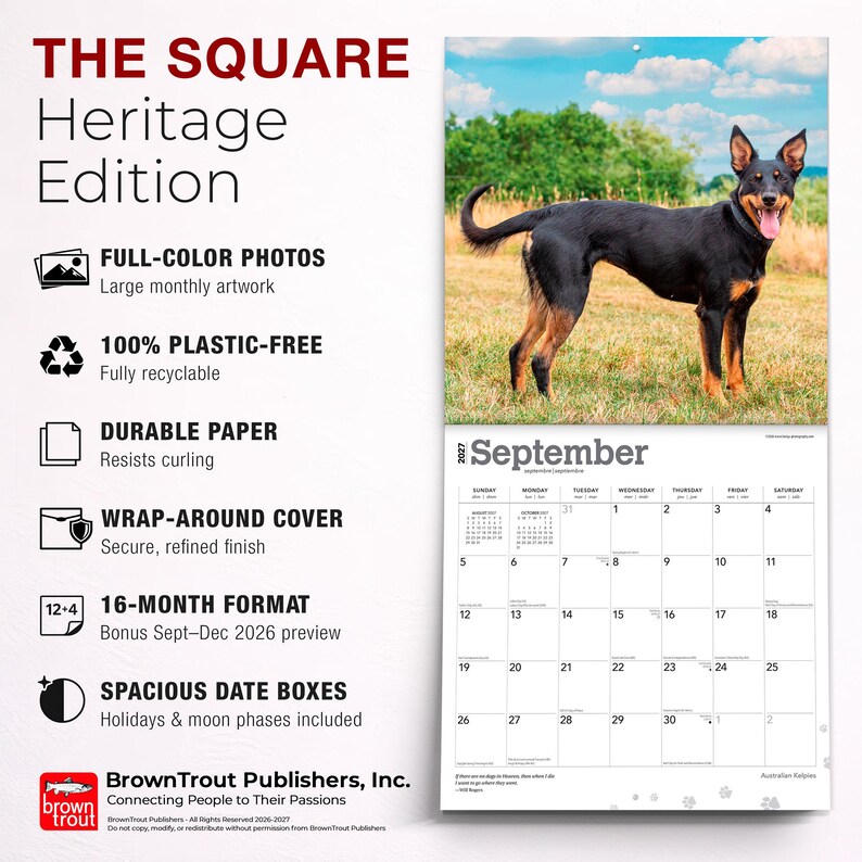 Puede incluir: Un calendario de pared 2027 titulado THE SQUARE Heritage Edition que muestra un perro Kelpie australiano negro y fuego en un campo de hierba. El calendario incluye fotos a todo color, un formato de 16 meses, papel duradero y espaciosas casillas.
