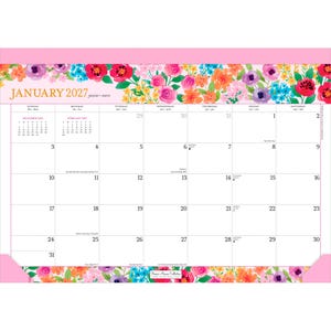K&ouml;nnte beinhalten: Ein Wandkalender f&uuml;r Januar 2027 mit einem lebendigen Blumenrand in Pink, Rot, Orange, Blau und Violett. Das Kalendarium zeigt die Wochentage auf Englisch, Franz&ouml;sisch und Spanisch sowie kleine Monats&uuml;bersichten f&uuml;r Dezember 2026 und Februar 2027.