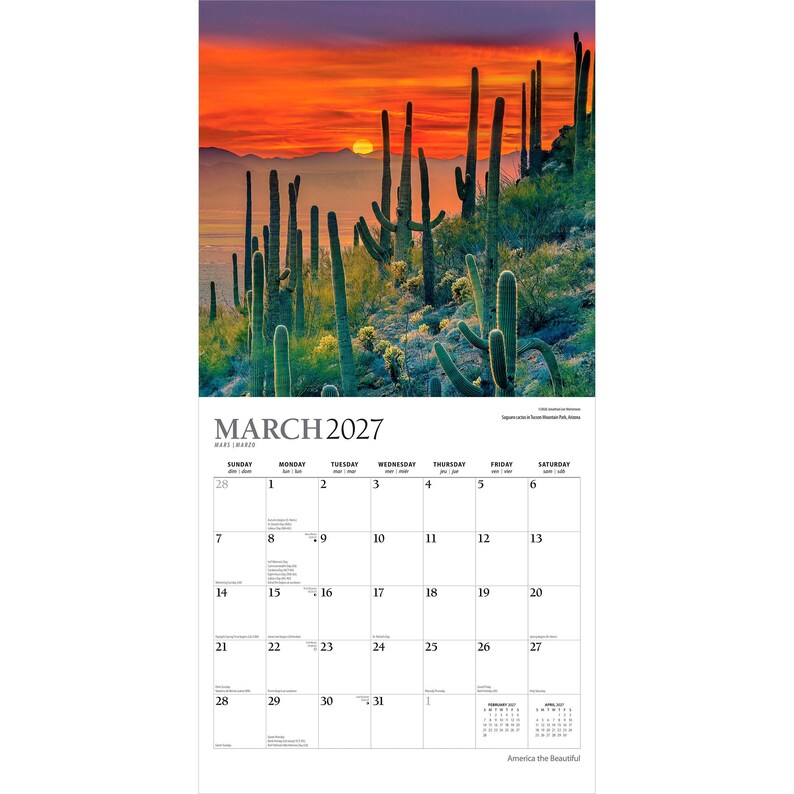 Peut inclure: Un calendrier mural pour mars 2027 pr&eacute;sentant une photographie d'un paysage d&eacute;sertique avec de grands cactus saguaro en silhouette sur un coucher de soleil orange et rouge vif. La grille du calendrier affiche les jours avec du texte noir.