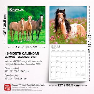 May include: A 2027 16-month wall calendar titled CHEVAUX featuring horse photography. The closed calendar measures 12 inches by 12 inches, and the open hanging calendar measures 12 inches by 24 inches, displaying a March grid with horse imagery.