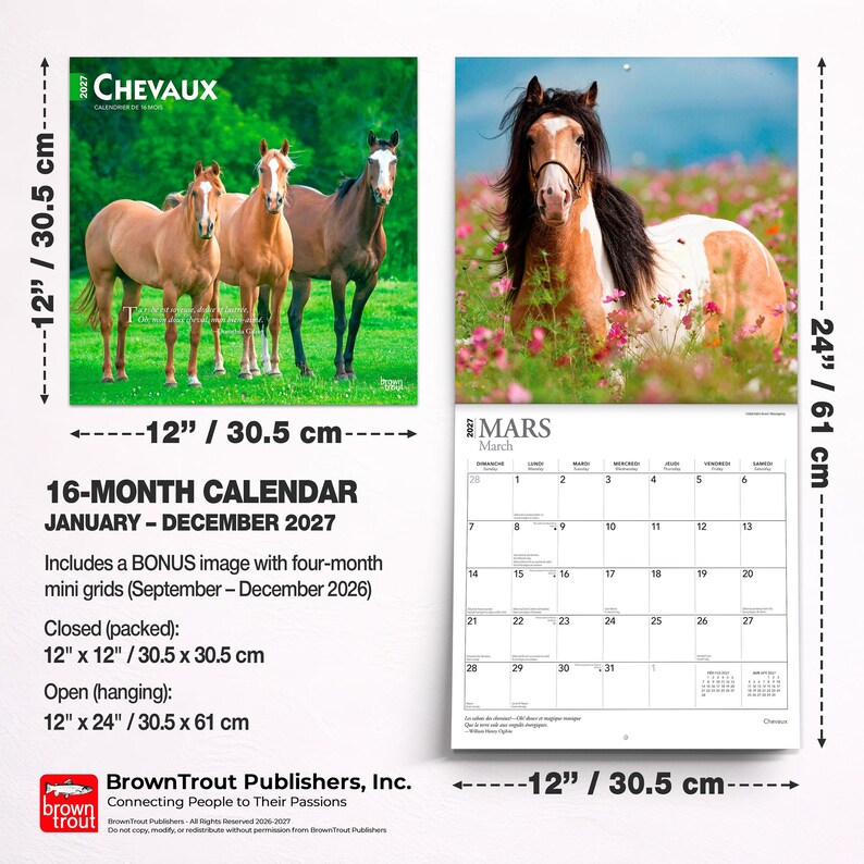 May include: A 2027 16-month wall calendar titled CHEVAUX featuring horse photography. The closed calendar measures 12 inches by 12 inches, and the open hanging calendar measures 12 inches by 24 inches, displaying a March grid with horse imagery.