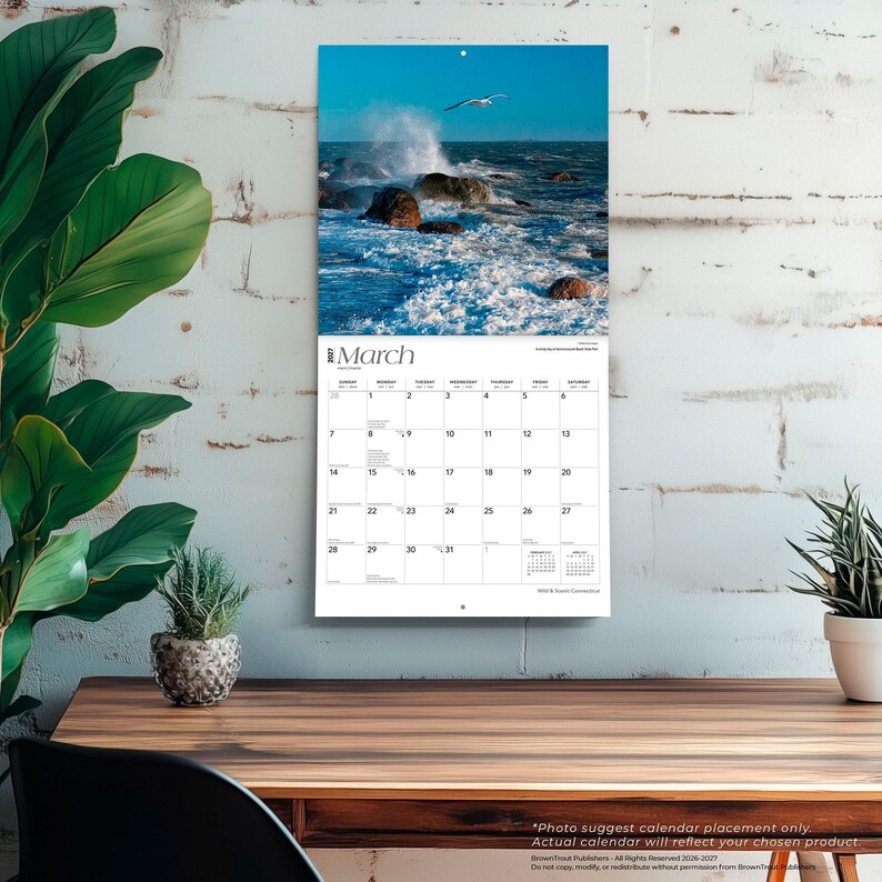 K&ouml;nnte beinhalten: Ein Wandkalender f&uuml;r M&auml;rz 2024 mit einer Fotografie einer M&ouml;we, die &uuml;ber Meereswellen fliegt, welche gegen dunkle Felsen schlagen. Das Kalenderraster zeigt die Tage des Monats in schwarzer Schrift auf einem wei&szlig;en, gut lesbaren Hintergrund.