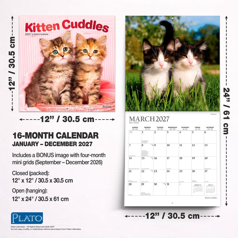 Peut inclure: Un calendrier 16 mois Kitten Cuddles pour 2027, mesurant 30,5 cm sur 30,5 cm ferm&eacute; et 30,5 cm sur 61 cm ouvert. La couverture pr&eacute;sente deux chatons tigr&eacute;s bruns, tandis que l'int&eacute;rieur montre deux chatons noirs et blancs dans l'herbe.