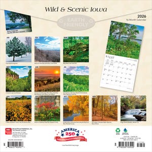 May include: A 2026 16-month calendar with scenic views of Iowa. The calendar displays monthly images of landscapes, including forests, rivers, and waterfalls. The calendar includes the text "Wild & Scenic Iowa" and "Earth Friendly".