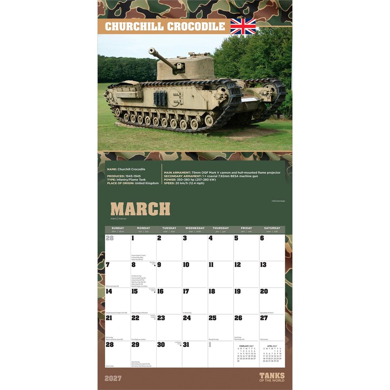Puede incluir: Una p&aacute;gina de calendario de pared de marzo de 2027 con un tanque Churchill Crocodile de color tostado en un campo de hierba. El encabezado muestra el nombre del tanque y una bandera brit&aacute;nica. Siguen las especificaciones y la cuadr&iacute;cula.