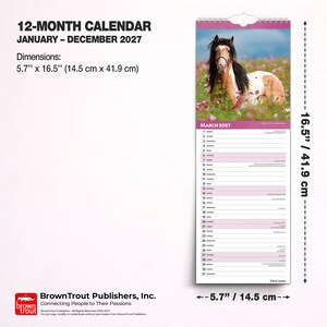 May include: A 12-month calendar for January through December 2027 featuring a brown and white horse in a field of flowers. The calendar measures 5.7 inches by 16.5 inches. The page shown is for March 2027, listing days 1 through 31.
