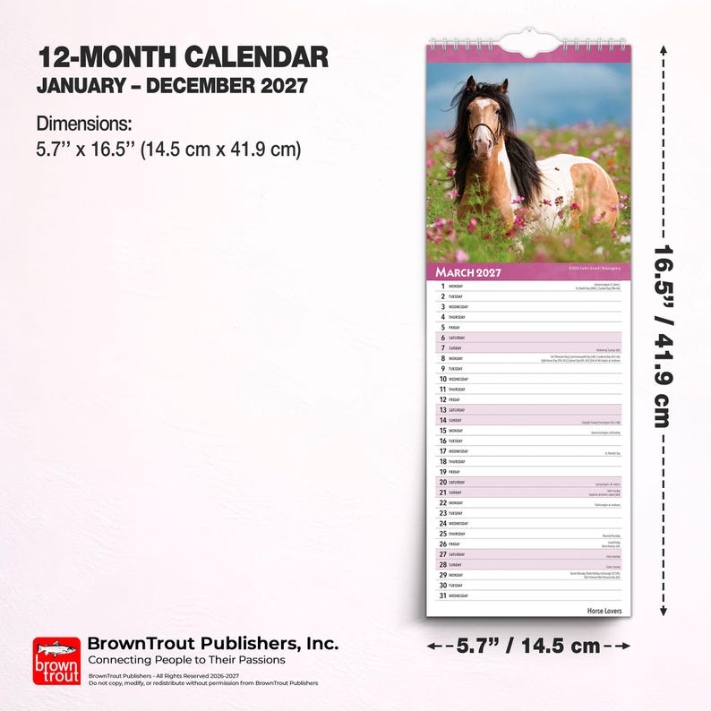 May include: A 12-month calendar for January through December 2027 featuring a brown and white horse in a field of flowers. The calendar measures 5.7 inches by 16.5 inches. The page shown is for March 2027, listing days 1 through 31.