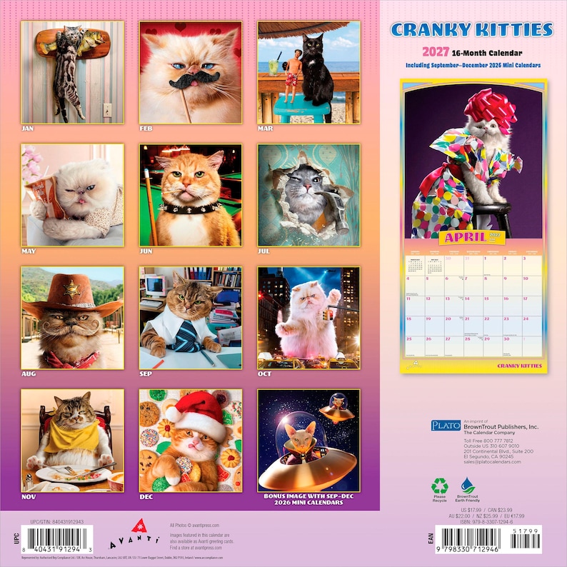 Pode incluir: Um calend&aacute;rio de parede de 16 meses para 2027 intitulado Cranky Kitties, apresentando doze fotografias individuais de gatos em v&aacute;rios trajes e cen&aacute;rios, incluindo um gato com bigode, um gato com chap&eacute;u de cowboy e um gato com gorro de Papai Noel.