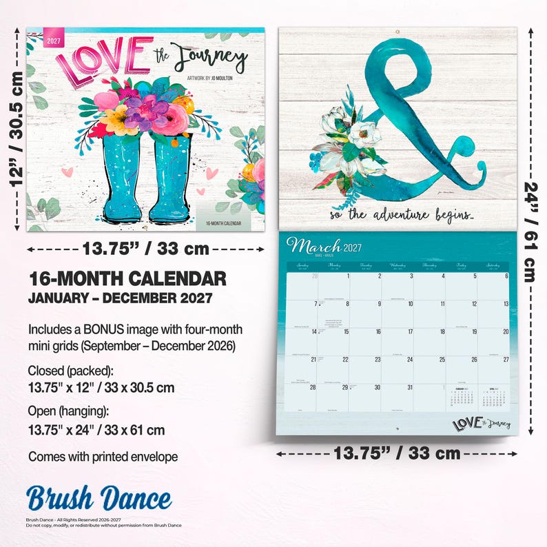 May include: A 16-month wall calendar for 2027 featuring floral artwork and the text Love the Journey. The calendar measures 33 cm by 30.5 cm when closed and 33 cm by 61 cm when open, with a March 2027 grid and bonus mini grids for late 2026.