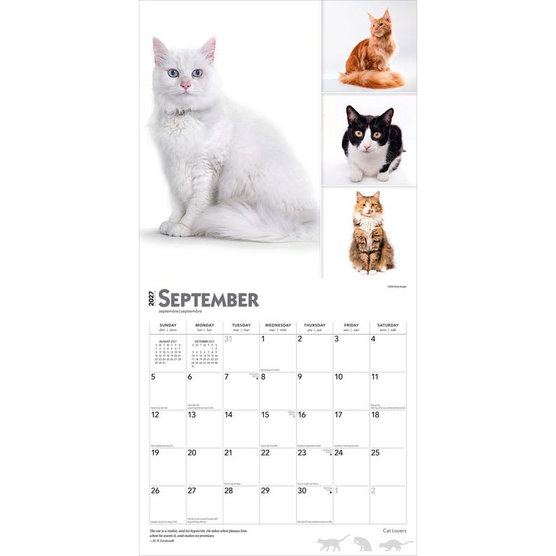 May include: A 2027 wall calendar for September featuring a large white cat on the left and three smaller cats in a column on the right: an orange cat, a black and white cat, and a brown tabby cat. The calendar grid displays dates 1 through 30.