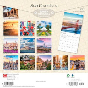 May include: A 2027 16-month San Francisco wall calendar featuring twelve distinct color photographs of city landmarks including the Golden Gate Bridge, Alcatraz Island, and Lombard Street, with a grid layout for April displayed on the right side.