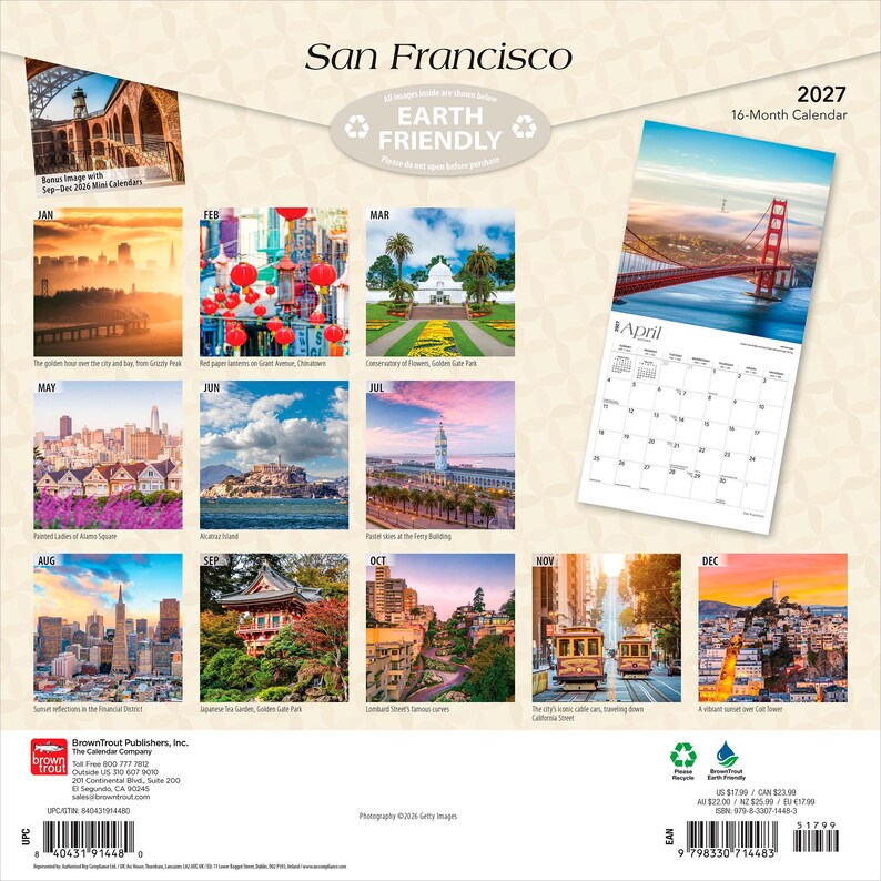 May include: A 2027 16-month San Francisco wall calendar featuring twelve distinct color photographs of city landmarks including the Golden Gate Bridge, Alcatraz Island, and Lombard Street, with a grid layout for April displayed on the right side.