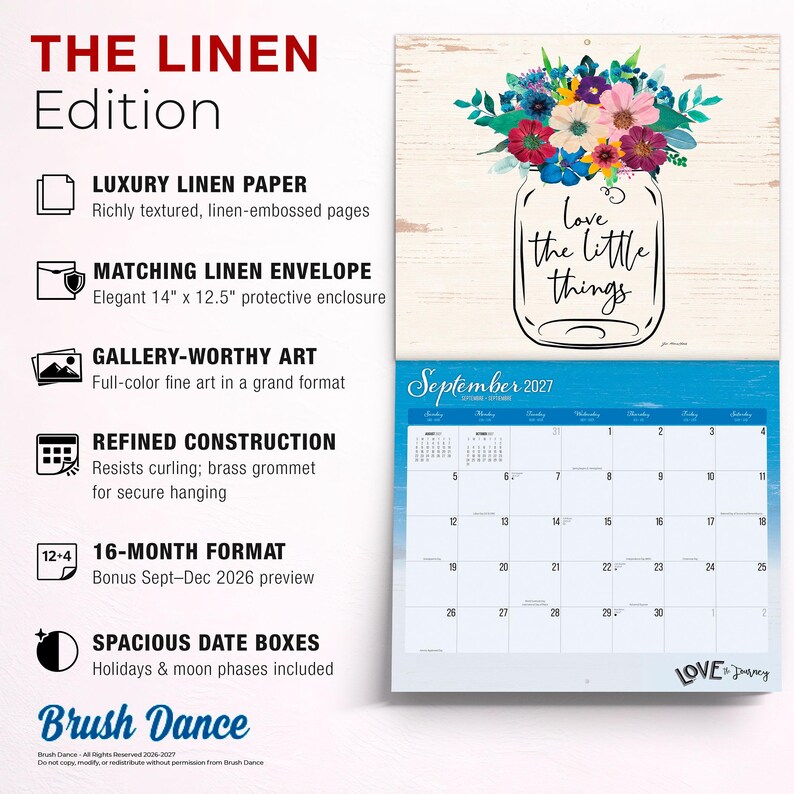 May include: A 16-month wall calendar titled The Linen Edition, featuring a floral illustration in a mason jar with the text love the little things. The calendar includes a September 2027 grid, a brass hanging grommet, and a 35.56 cm by 31.75 cm envelope.