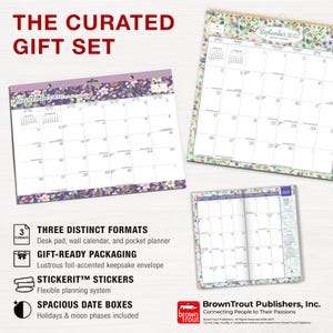 May include: A curated gift set featuring a desk pad, a wall calendar, and a pocket planner for September 2027. Each item displays a floral border design with spacious date boxes, moon phases, and holidays. The set includes sticker sheets.
