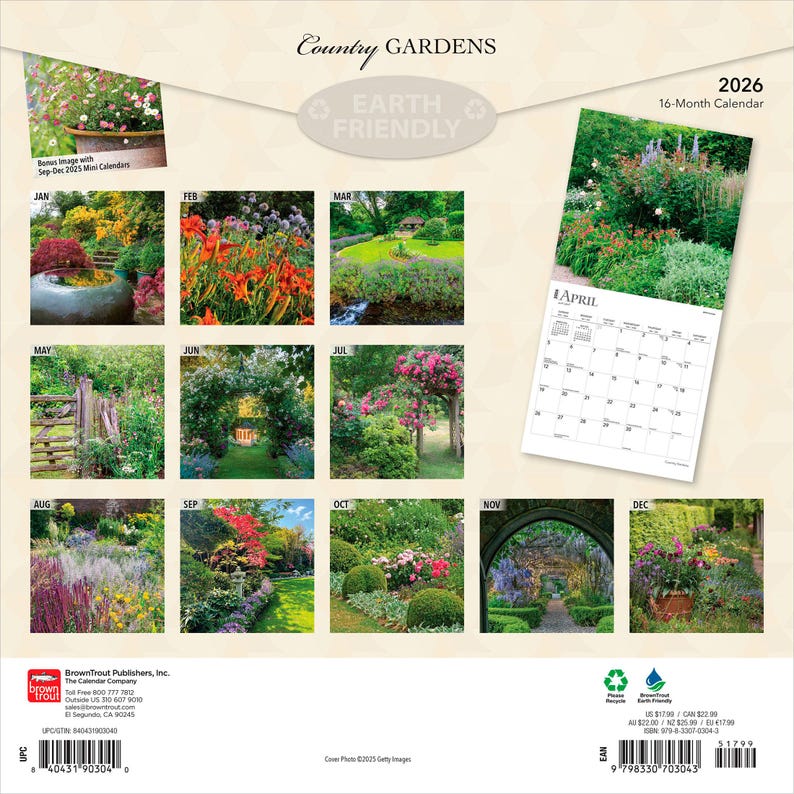 Country Gardens | 2026 12 x 24 Inch (Hanging) Monthly Square Wall Calendar | Plastic-Free | BrownTrout | Gardening Outdoor Home Nature bild 2