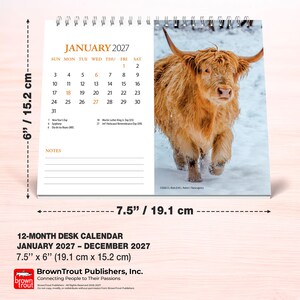 May include: A 12-month desk calendar for January 2027 through December 2027, measuring 6 inches by 7.5 inches. The January page features a photograph of a long-haired Highland cow in the snow, a calendar grid, and a section for notes.