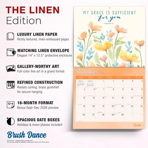 May include: A 16-month wall calendar titled The Linen Edition featuring watercolour floral art and the text My Grace Is Sufficient For You. It includes a 14 inch by 12.5 inch linen envelope, a brass hanging grommet, and a September 2027 grid.